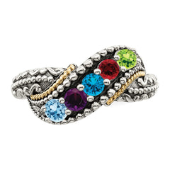 Sterling Silver Antiqued w/14k 5-stone w/Diamond Mother's Ring - 65