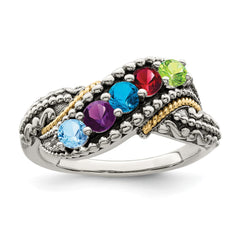 Sterling Silver Antiqued w/14k 5-stone w/Diamond Mother's Ring - 65