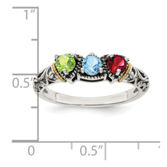 Sterling Silver Antiqued w/14k 3-stone Mother's Ring - 46