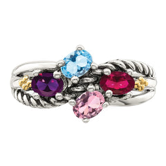 Sterling Silver Antiqued w/14k 4-stone Mother's Ring - 2