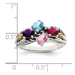 Sterling Silver Antiqued w/14k 4-stone Mother's Ring - 4