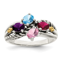 Sterling Silver Antiqued w/14k 4-stone Mother's Ring - 4