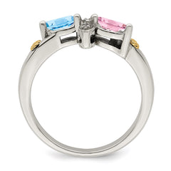 Sterling Silver Antiqued w/14k 2-stone w/Diamond Mother's Ring - 84