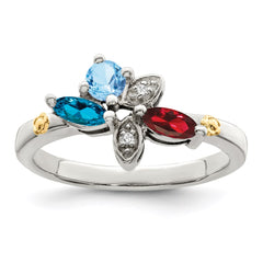 Sterling Silver Antiqued w/14k 3-stone w/Diamond Mother's Ring - 8