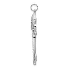 Sterling Silver Rhodium-plated Black/White CZ Fleur de Lis Key Pendant