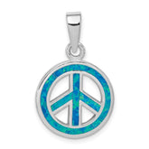 Sterling Silver Rhodium-plated Blue Inlay Created Opal Peace Sign Pendant