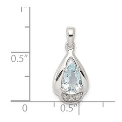Sterling Silver Rhodium Plated Diamond and Aquamarine Pendant