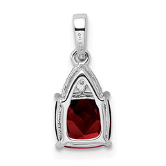 Sterling Silver Rhodium Plated Diamond Garnet Cushion Pendant