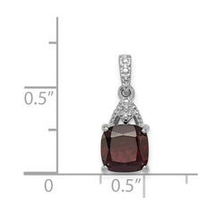 Sterling Silver Rhodium Plated Diamond Garnet Cushion Pendant
