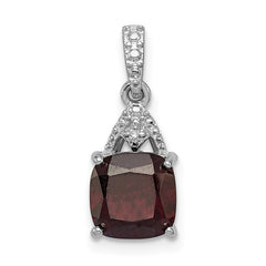 Sterling Silver Rhodium Plated Diamond Garnet Cushion Pendant