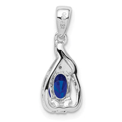 Sterling Silver Rhodium Plated Diamond & Sapphire Oval Pendant - 2