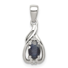 Sterling Silver Rhodium Plated Diamond & Sapphire Oval Pendant - 2
