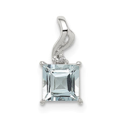 Sterling Silver Rhodium Plated Dia. & Aquamarine Square Pendant