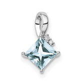Sterling Silver Rhodium Plated Dia. & Aquamarine Square Pendant - 2