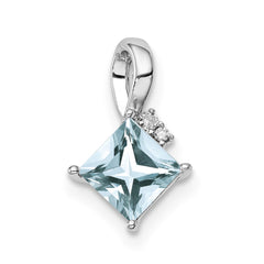 Sterling Silver Rhodium Plated Dia. & Aquamarine Square Pendant - 2