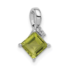 Sterling Silver Rhodium Plated Diamond and Peridot Square Pendant
