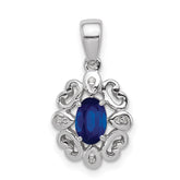 Sterling Silver Rhodium Plated Diamond & Sapphire Oval Pendant - 6
