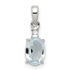 Sterling Silver Rhodium Plated Diamond Aquamarine Oval Pendant - 2