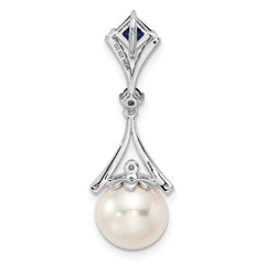 Sterling Silver Rhod Plated Dia. Created Sapphire FW Cultured Pearl Pendant