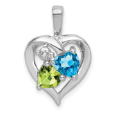 Sterling Silver Rhodium-plated Blue Topaz Peridot Diamond Pendant