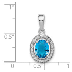 Sterling Silver Rhod-plated Blue and White CZ Oval Pendant