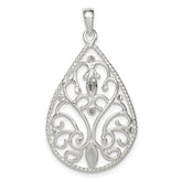 Sterling Silver Polished Filigree Diamond-cut Teardrop Pendant