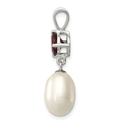 Sterling Silver Rhodium-plated 8-9mm White Teardrop Freshwater Cultured Pearl and 1.00GA Garnet Pendant