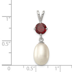 Sterling Silver Rhodium-plated 8-9mm White Teardrop Freshwater Cultured Pearl and 1.00GA Garnet Pendant