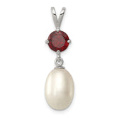 Sterling Silver Rhodium-plated 8-9mm White Teardrop Freshwater Cultured Pearl and 1.00GA Garnet Pendant