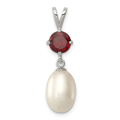 Sterling Silver Rhodium-plated 8-9mm White Teardrop Freshwater Cultured Pearl and 1.00GA Garnet Pendant