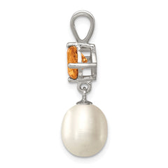 Sterling Silver Rhodium-plated 8-9mm White Teardrop Freshwater Cultured Pearl and .75CI Citrine Pendant