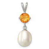 Sterling Silver Rhodium-plated 8-9mm White Teardrop Freshwater Cultured Pearl and .75CI Citrine Pendant