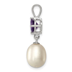 Sterling Silver Rhodium-plated 8-9mm White Teardrop Freshwater Cultured Pearl and .75AM Amethyst Pendant