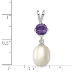 Sterling Silver Rhodium-plated 8-9mm White Teardrop Freshwater Cultured Pearl and .75AM Amethyst Pendant