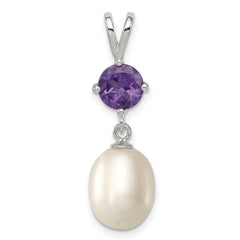 Sterling Silver Rhodium-plated 8-9mm White Teardrop Freshwater Cultured Pearl and .75AM Amethyst Pendant