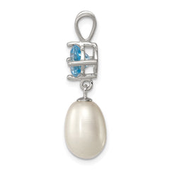 Sterling Silver Rhodium-plated 8-9mm White Teardrop Freshwater Cultured Pearl and 1.05BT Blue Topaz Pendant