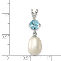 Sterling Silver Rhodium-plated 8-9mm White Teardrop Freshwater Cultured Pearl and 1.05BT Blue Topaz Pendant