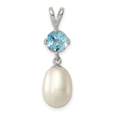 Sterling Silver Rhodium-plated 8-9mm White Teardrop Freshwater Cultured Pearl and 1.05BT Blue Topaz Pendant