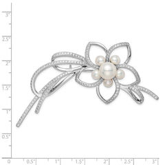 Sterling Silver Rhodium-plated 4-7mm White Button Freshwater Cultured Pearl and CZ Flower Pin