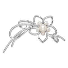 Sterling Silver Rhodium-plated 4-7mm White Button Freshwater Cultured Pearl and CZ Flower Pin