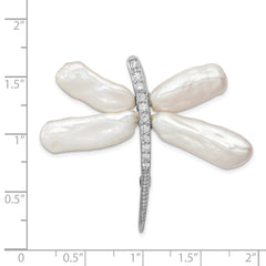 Sterling Silver Rhodium-plated White Baroque Freshwater Cultured Pearl and CZ Dragonfly Slide Pin