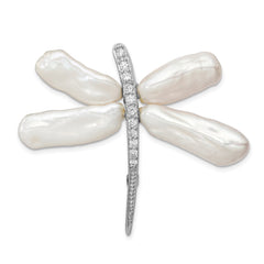 Sterling Silver Rhodium-plated White Baroque Freshwater Cultured Pearl and CZ Dragonfly Slide Pin