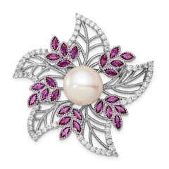Sterling Silver Rhodium-plated 10-11mm White Button Freshwater Cultured Pearl, CZ and 2.50 Carat Pink Corundum Flower Pin