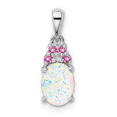 Sterling Silver Rhod-plate Dia. Cr.Pink Sapp. Simulated Opal Pendant