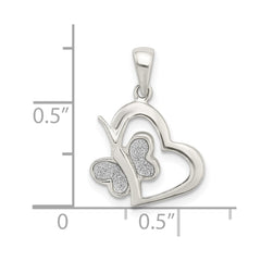 Sterling Silver Polished Glitter Enamel Heart w/Butterfly Pendant