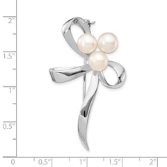 Sterling Silver Rhodium-plated 7-8mm White Button Freshwater Cultured Pearl Bow Brooch
