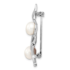 Sterling Silver Rhodium-plated 7-8mm White Button Freshwater Cultured Pearl and CZ Leaf Brooch