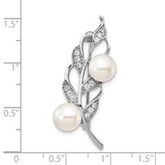 Sterling Silver Rhodium-plated 7-8mm White Button Freshwater Cultured Pearl and CZ Leaf Brooch