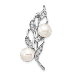 Sterling Silver Rhodium-plated 7-8mm White Button Freshwater Cultured Pearl and CZ Leaf Brooch