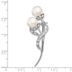 Sterling Silver Rhodium-plated 7-8mm White Button Freshwater Cultured Pearl and CZ Brooch